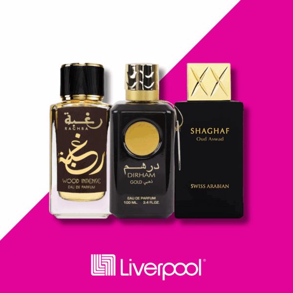 Set di 3 Profumi Raghba Wood Intense + Dirham Gold Eau de Parfum + Shaghaf Oud Aswad Swiss Arabian 100ml